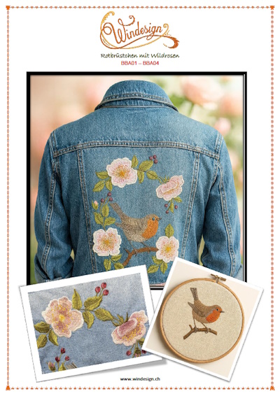 Stickmuster Wildrosen Stickdesign Vogel